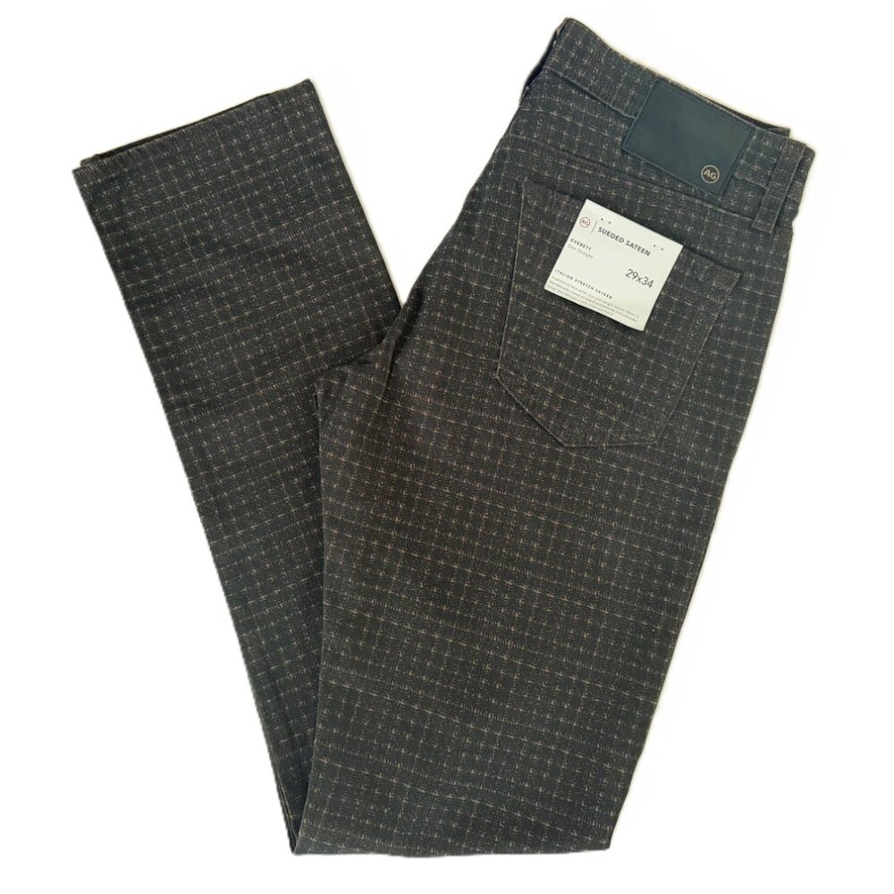 New AG EVERETT Sueded Sateen Slim Straight Pants Brown Geometric Pattern 29 x 34
